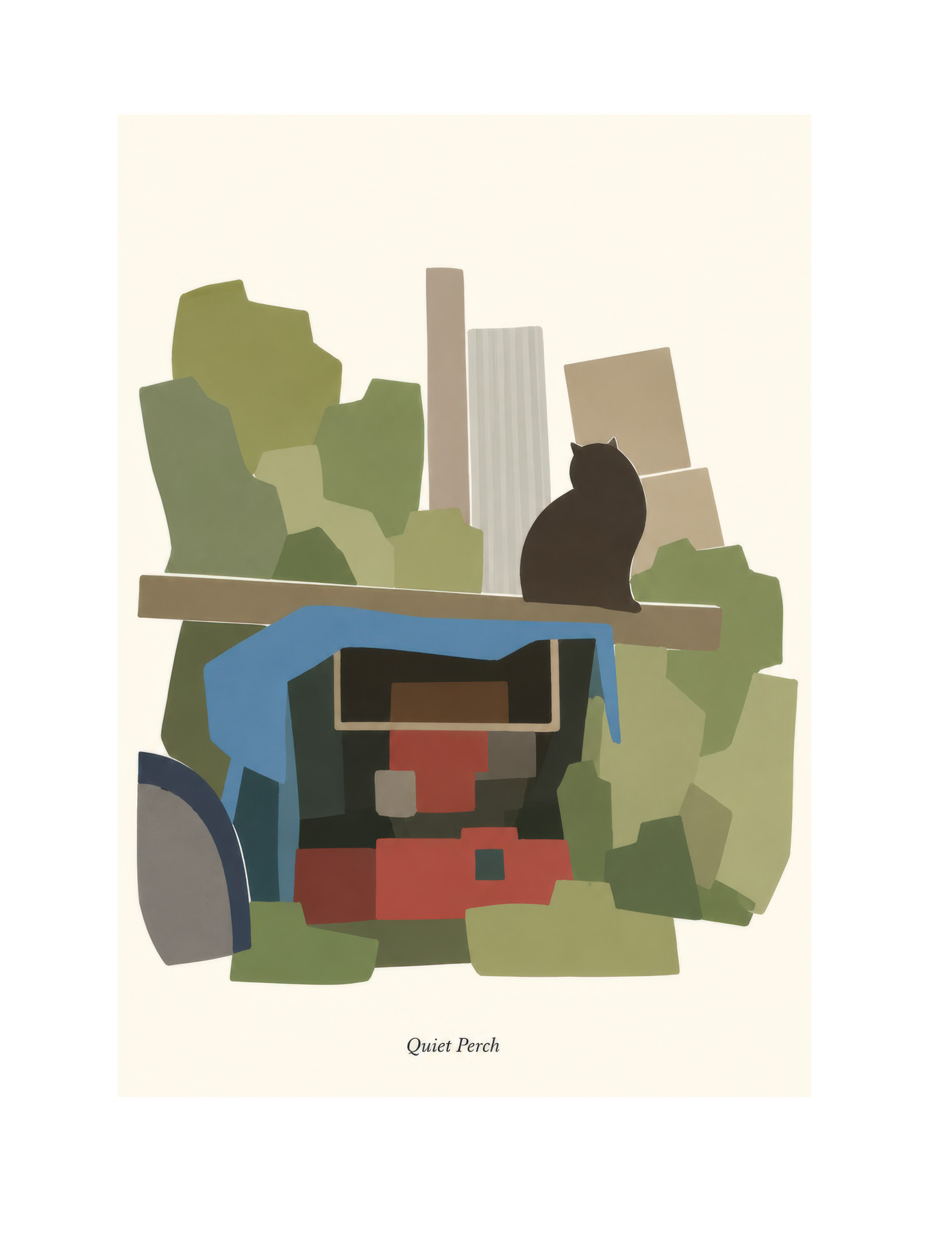 Quiet Perch: a cat above a neighborhood kiosk, in muted greens and blues.