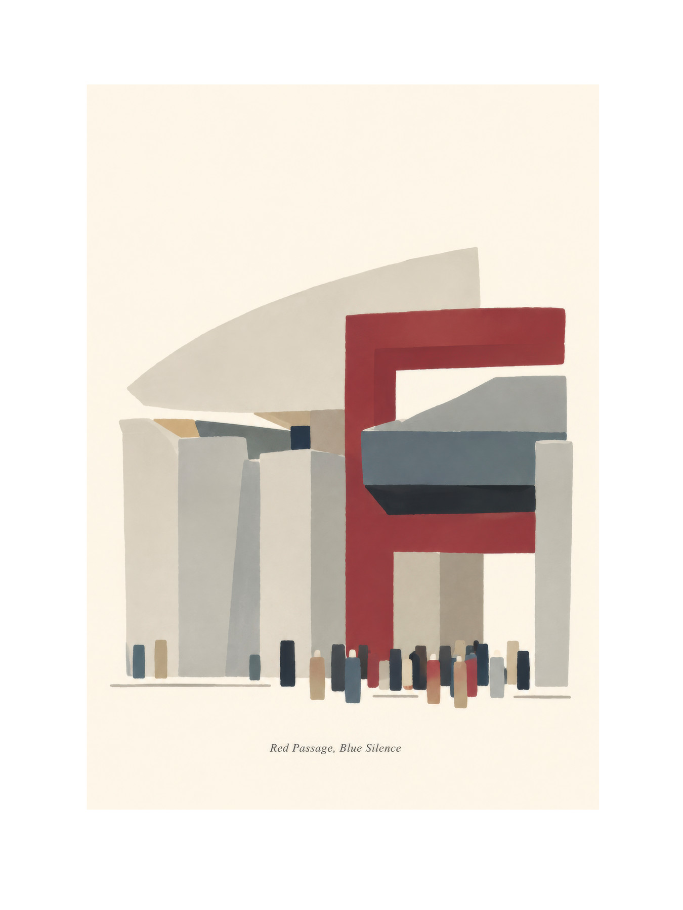 Red Passage, Blue Silence: an abstract red gateway among pale architectural forms.